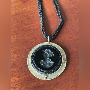 Vintage Black Carved Glass Intaglio Cameo of a Lady Pendant Necklace - Unbranded